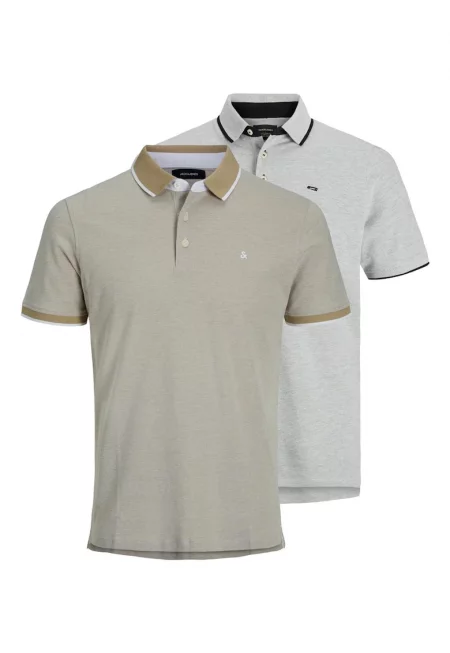 Памучна тениска с яка - 2 броя - Сив/Бежов