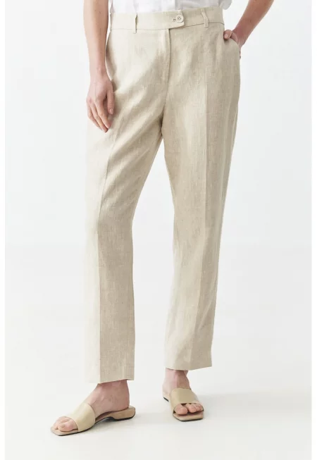 Панталон от лен с връзка - Бежов