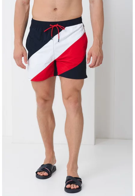 Плувни шорти на райе с еластична талия - Бял/Аленочервен/Тъмносин