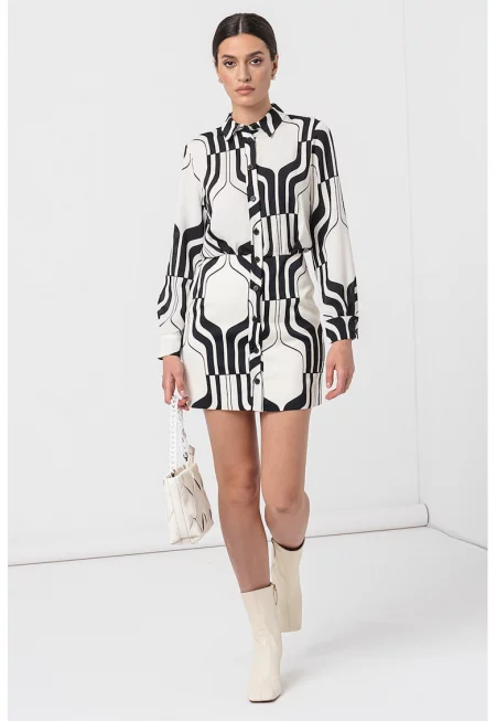 Права рокля с десен - Черен/Крем