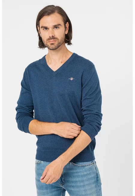 Пуловер Classic с шпиц - Син меланж