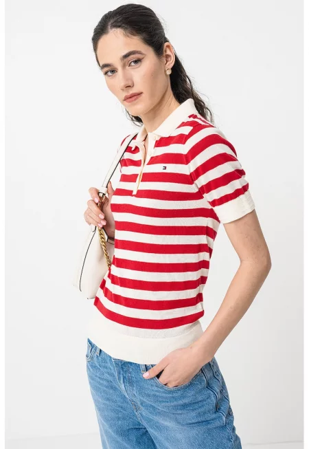 Пуловер с лиосел с къси ръкави и яка - Слонова кост/Аленочервен