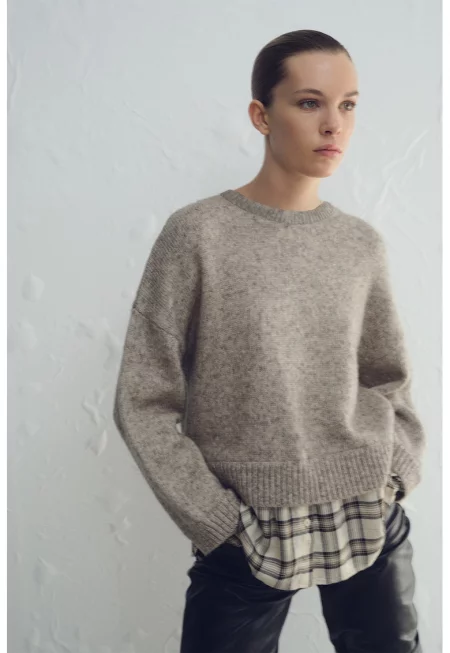 Пуловер с вълна и паднали ръкави - Сиво-бежов