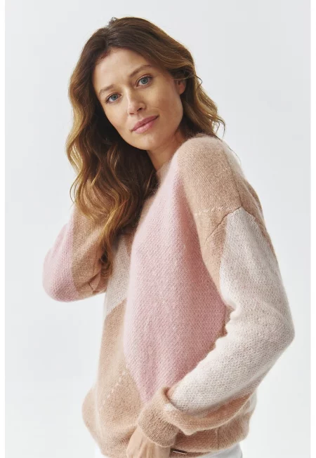 Пуловер с вълна с фигурален принт - Светлокафяв/Бледо розово
