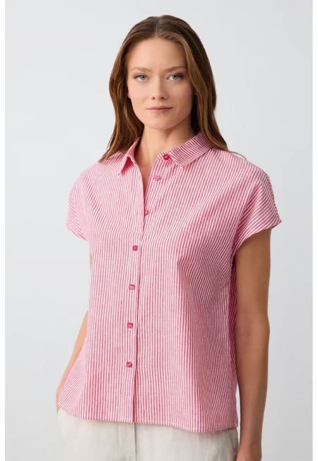 Раирана риза с памук и лен - Бял/Бледочервен
