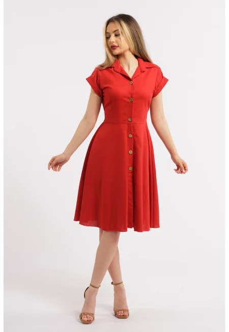 Разкроена ленена рокля-риза - Червен