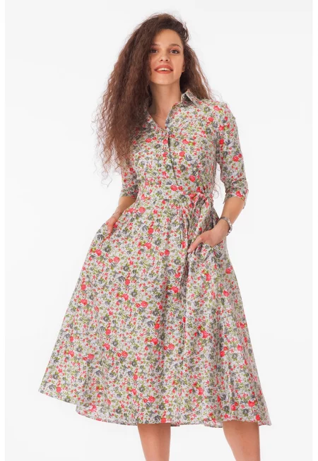 Разкроена рокля-риза с колан - Бял/Зелен/Корал