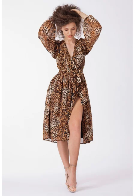 Разкроена рокля с цепка встрани - Черен/Кафяв