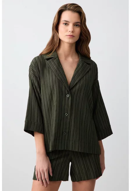 Рипсени шорти с висока талия - Тъмнозелен