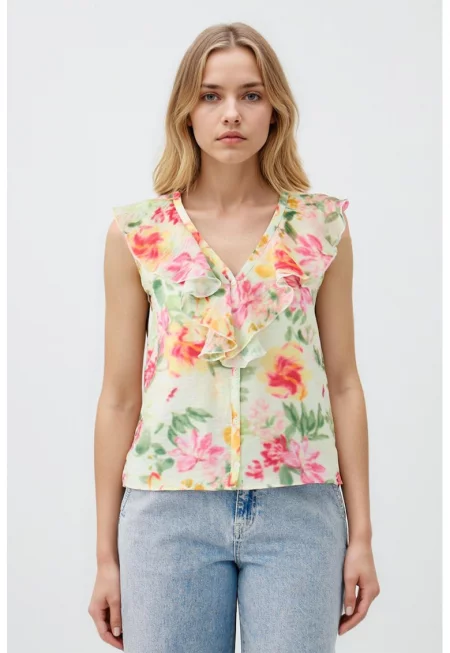 Риза с лиосел с набиране - Пастелнорозов/Бледозелен