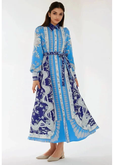 Рокля  дълъг ръкав - синя - текстил