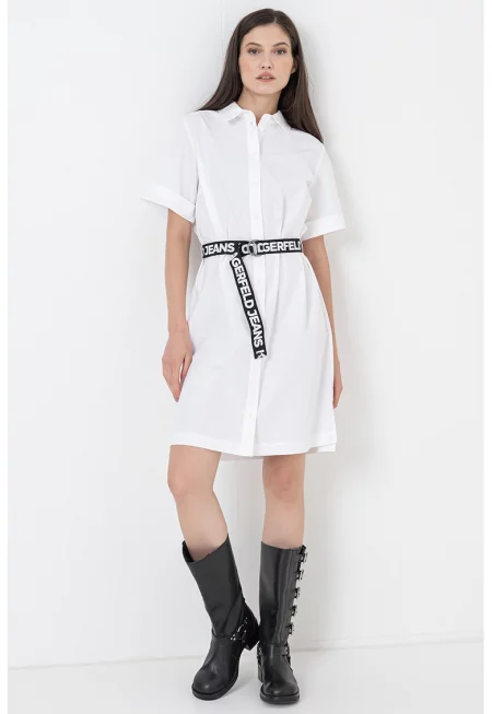 Рокля-риза с лого на колана - Бял