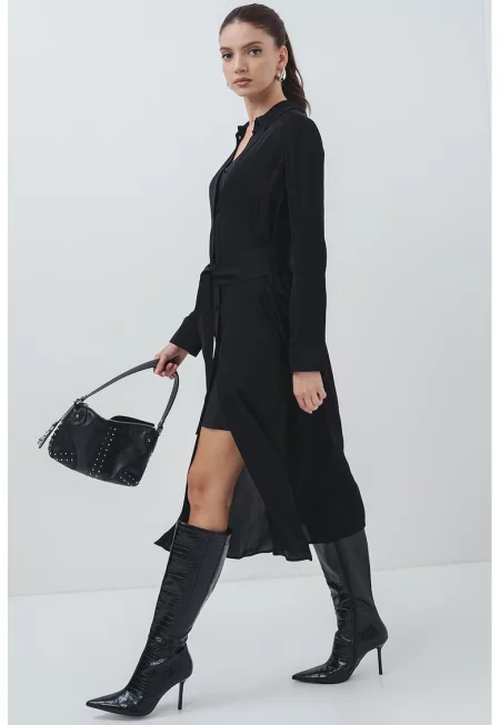 Рокля с дълги ръкави и връзка - Черен