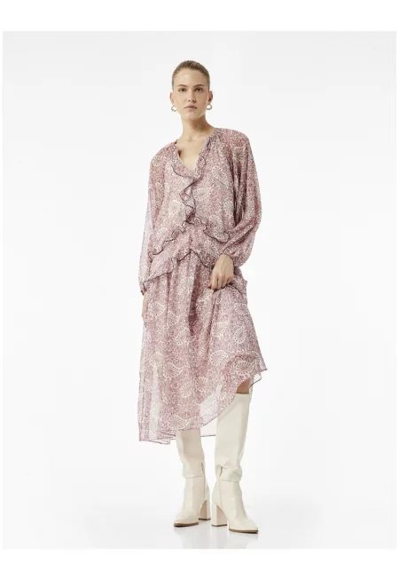 Рокля с десен и набирания - Розово