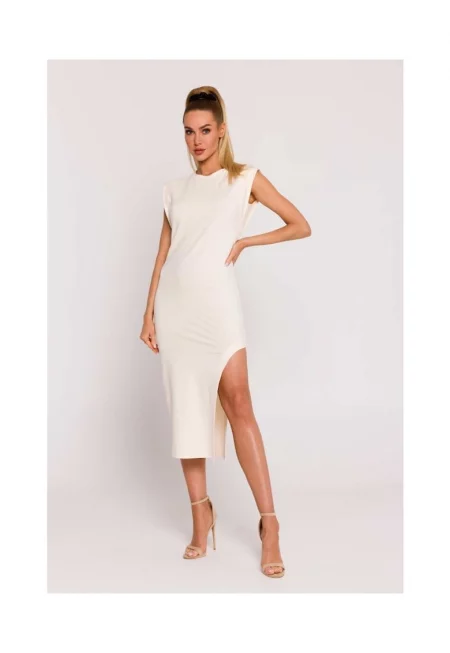 Рокля с изрезка на крака - кремава -