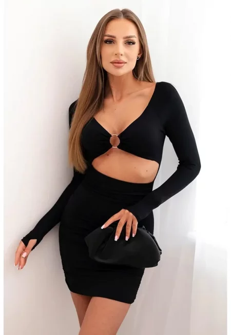 Рокля с изрязана талия и декоративен пръстен - Един размер