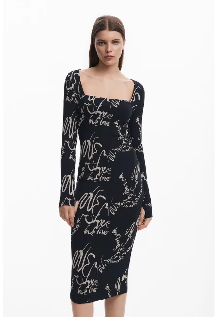 Рокля с квадратно деколте - Черен/Крем