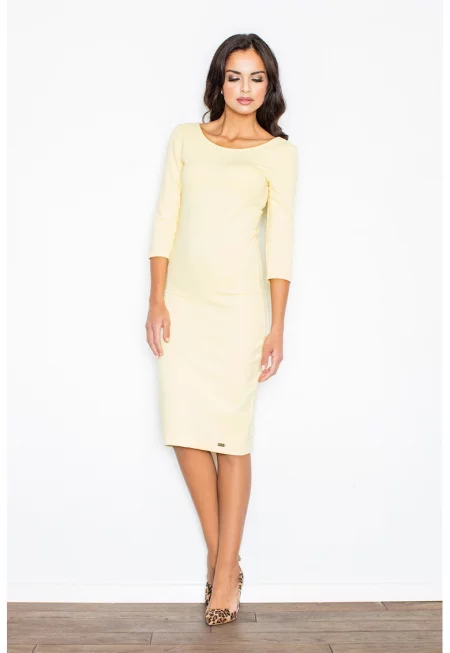 Рокля тип молив  жълта - памучна - деколте тип лодка - 3/4 ръкави -