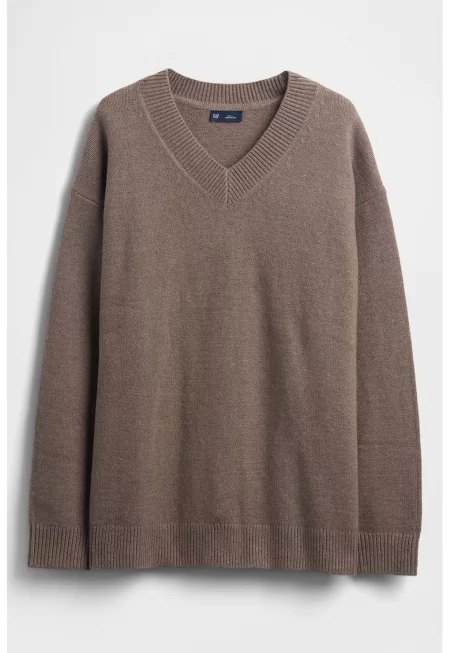 Шпиц пуловер с паднали ръкави - Сиво-кафяв