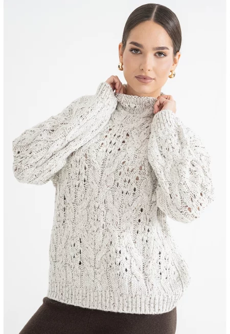 Свободен плетен пуловер с перфорации - Златист/Мръснобял