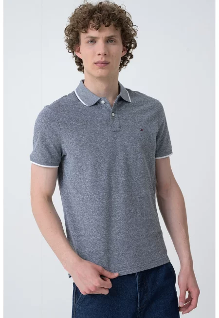 Тениска с лен с яка - Бял/Тъмносин