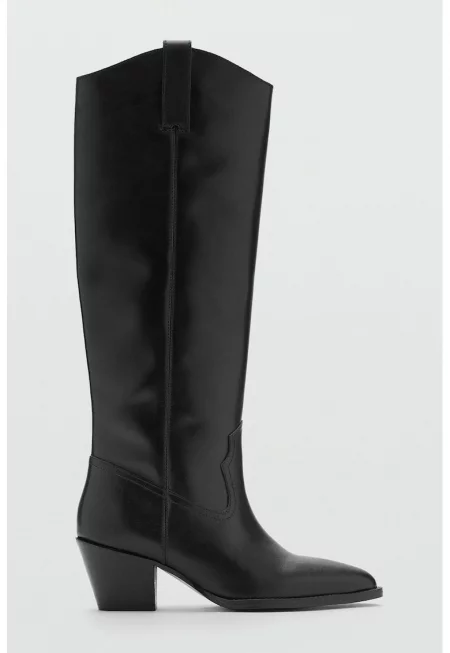 Високи кожени ботуши с кубински ток - Черен