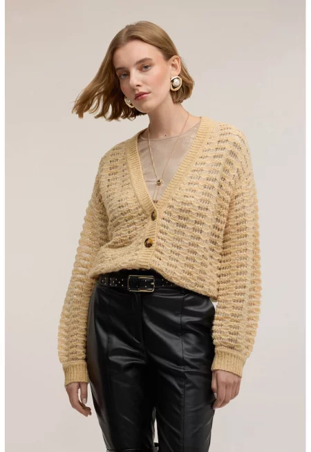 Ажурена шпиц жилетка - Сламеножълт
