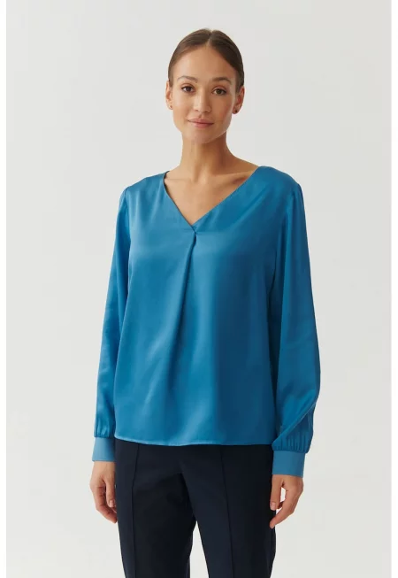 Блуза Sandrika с шпиц със сатиниран ефект - Светлосин