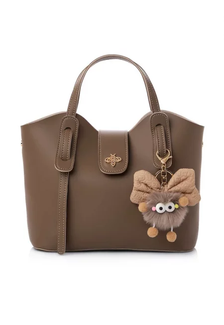 Чанта от екологична кожа с подвижен аксесоар - Светлокафяв - 21x25x11