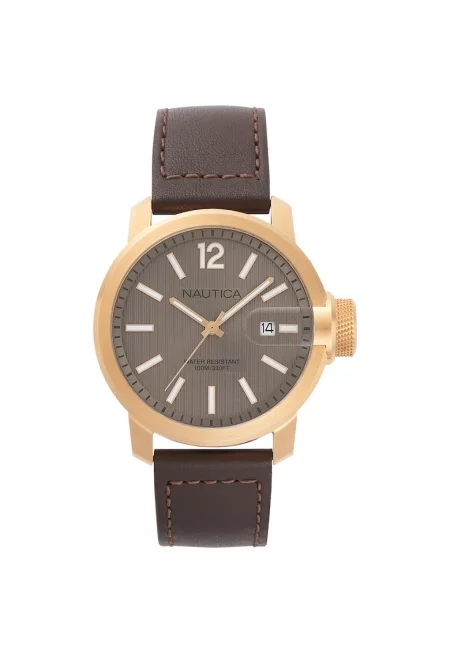 Часовник  NAPSYD005 Водоустойчив Кожена каишка Златисто-кафяв
