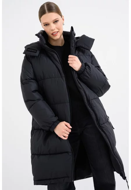 Дълго непромокаемо зимно яке с отделяща се качулка - Черен