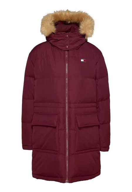 Дълго зимно яке с джобове с капаче - Бордо/Тъмнобежово