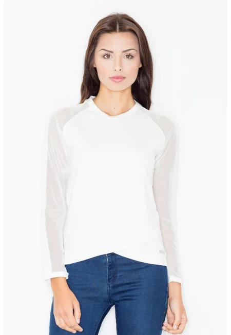 Дамска блуза -  Мрежести ръкави - Полиестер/Еластан/Вискоза - Бяла