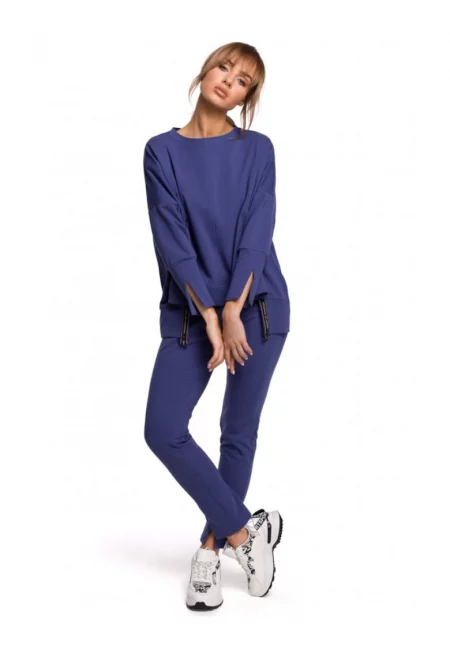 Дамска блуза със странични цепки -  Памук/Еластан - Индиго
