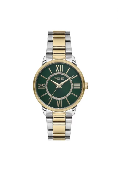 Дамски часовник  36 мм - златна стоманена каишка - зелен циферблат - водоустойчив 5 ATM