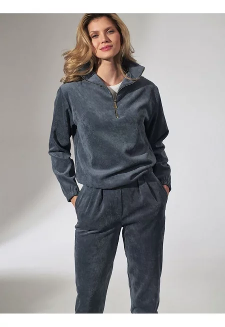 Дамски пуловер  син - полиестер - кадифена яка - дълъг ръкав - ластик