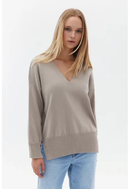 Фино плетен пуловер с цепки встрани - Сиво-кафяв
