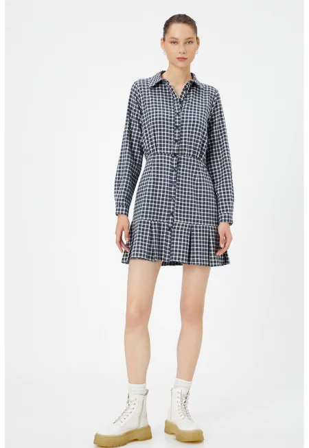 Карирана рокля с разкроен подгъв - Мръснобял/Тъмносин
