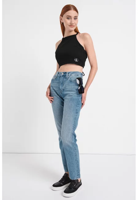 Къс топ с презрамка на врата - Черен