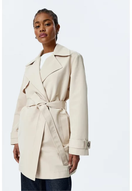 Къс тренч с колан - Светло бежово