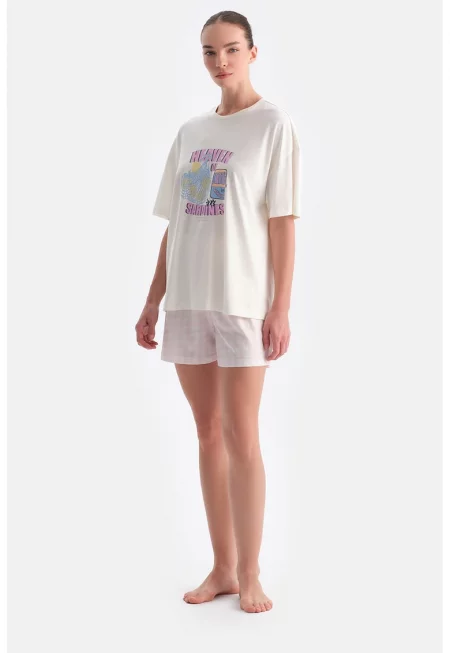 Къса пижама с модал с връзка на талията - Слонова кост - Розово -