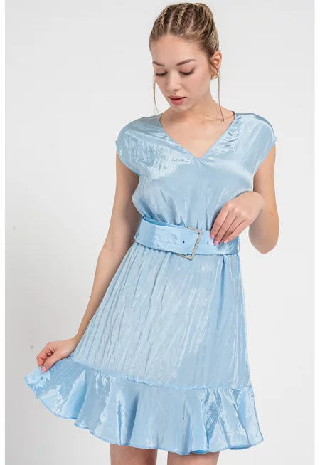 Къса разкроена рокля с шпиц - Ледено синьо