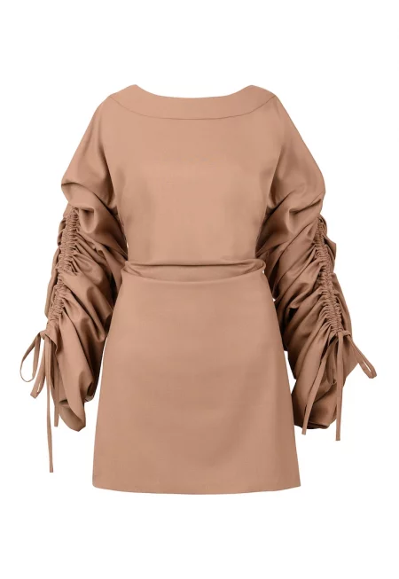 Къса рокля Mocha с набрани ръкави - Тъмнобежово