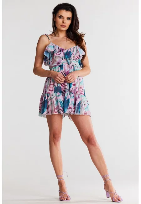 Къса рокля с флорални мотиви без ръкави - ежедневна - с V-образно деколте A503