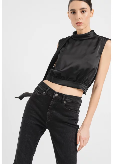 Къса сатинирана блуза Canile - Черен