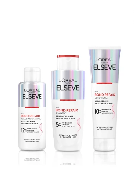 Комплект за увредена коса  Elseve Bond Repair: 1 x Предварителен шампоан - 12% лимонена киселина - 200 ml + 1 x Шампоан - 5% лимонена киселина - 200 ml + 1 x ...