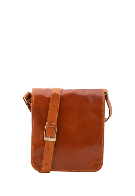 Кожена чанта през рамо с регулируема презрамка - Коняк кафяв