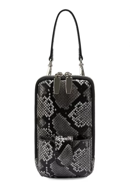 Кожена чанта през рамо за телефон с шагрен - Черен/Сив