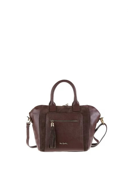 Кожена ръчна чанта Silvana с велур и допълнителна презрамка - Тъмнокафяв