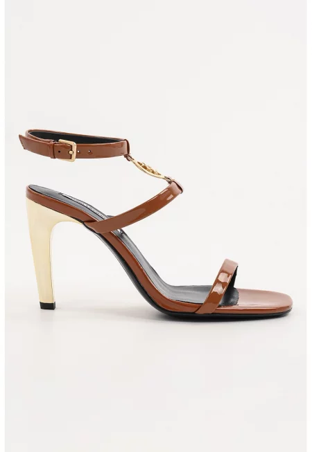 Кожени сандали с каишка с тока - Карамел